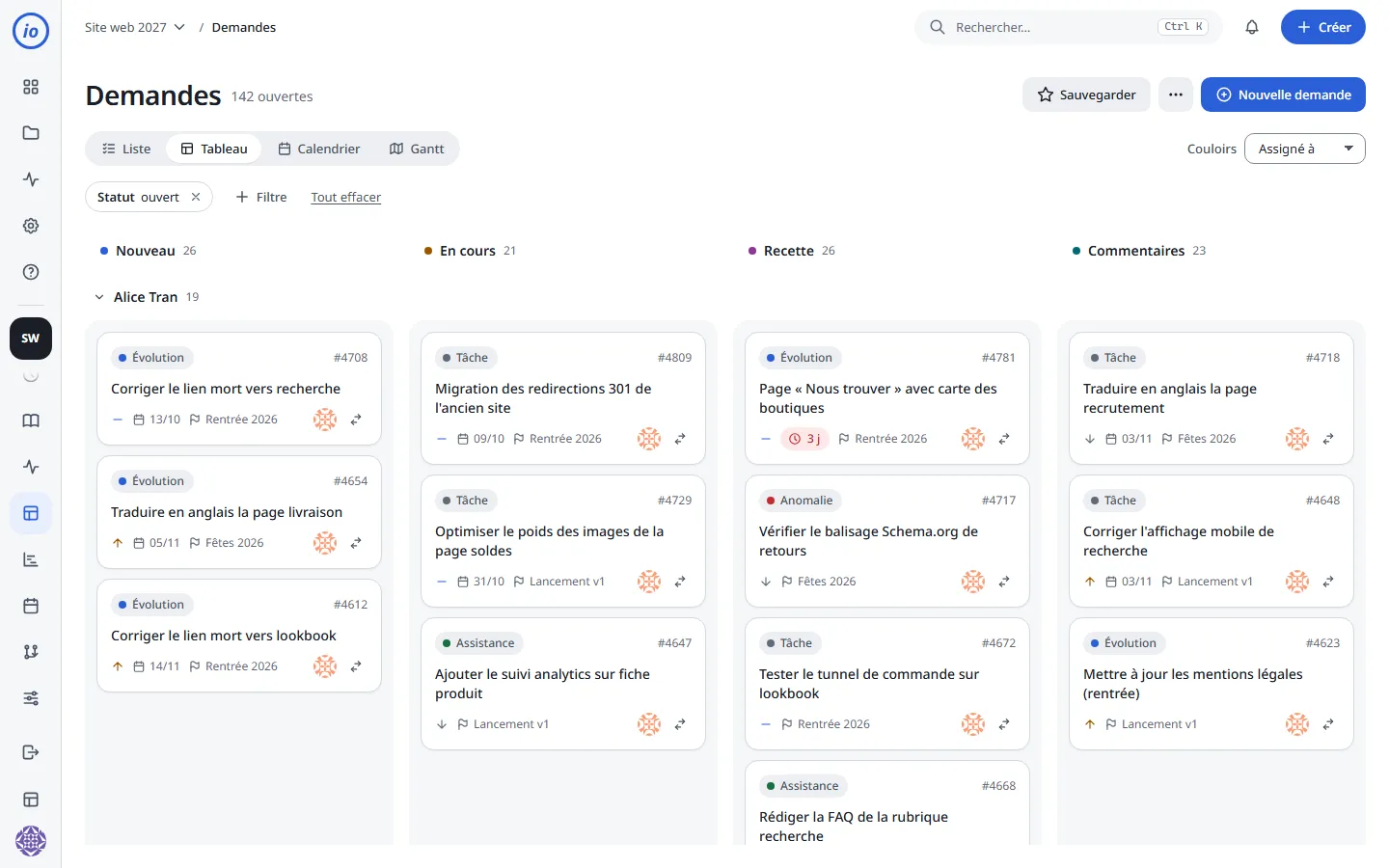 Issue board grouped in swimlanes by assignee, with New, In progress, Review and Feedback columns.