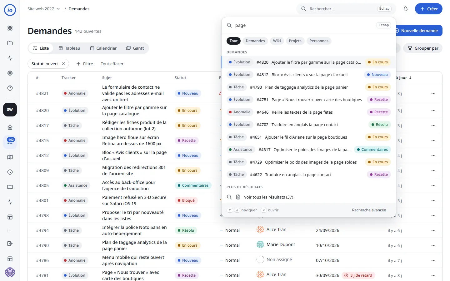 Search palette open above the issue list, results for “page” with number, tracker and status.