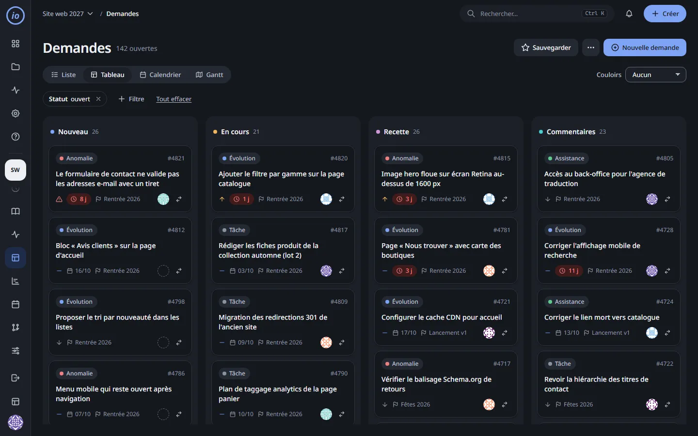 Issue board with New, In progress, Review and Feedback columns, dark theme.